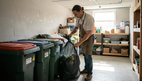 Illustration: A porter tying a trash bag beside a row of bins in a tidy basement refuse room in New York City, drawn for Curb and Container readers.