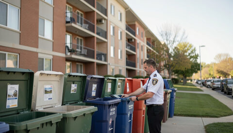 Illustration: A superintendent checking bins in front of a mid-size apartment building on a clear morning in New York City, drawn for Curb and Container readers.
