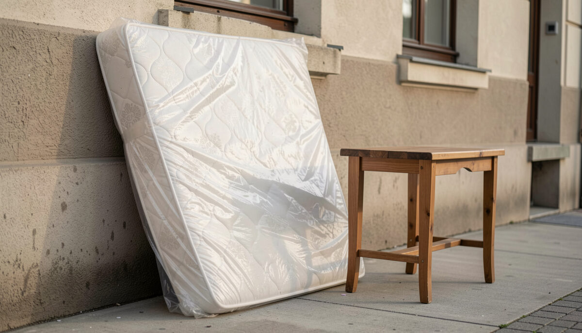 Illustration: A wrapped mattress leaning against a building wall beside a small wooden table awaiting pickup in New York City, drawn for Curb and Container readers.