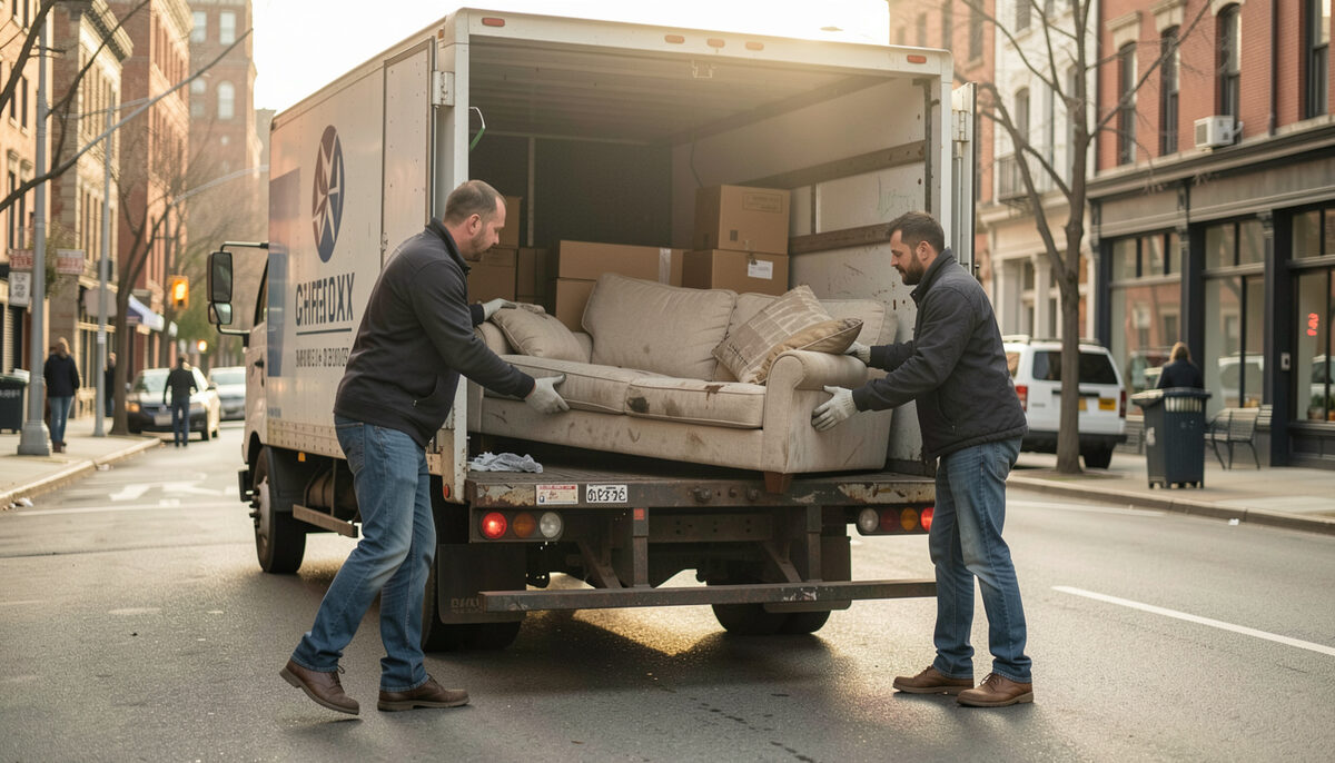 Illustration: Two workers loading a discarded sofa into a collection truck on a city street in the morning in New York City, drawn for Curb and Container readers.