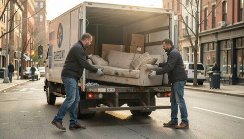 Illustration: Two workers loading a discarded sofa into a collection truck on a city street in the morning in New York City, drawn for Curb and Container readers.