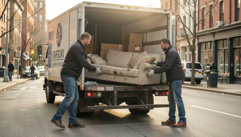 Illustration: Two workers loading a discarded sofa into a collection truck on a city street in the morning in New York City, drawn for Curb and Container readers.
