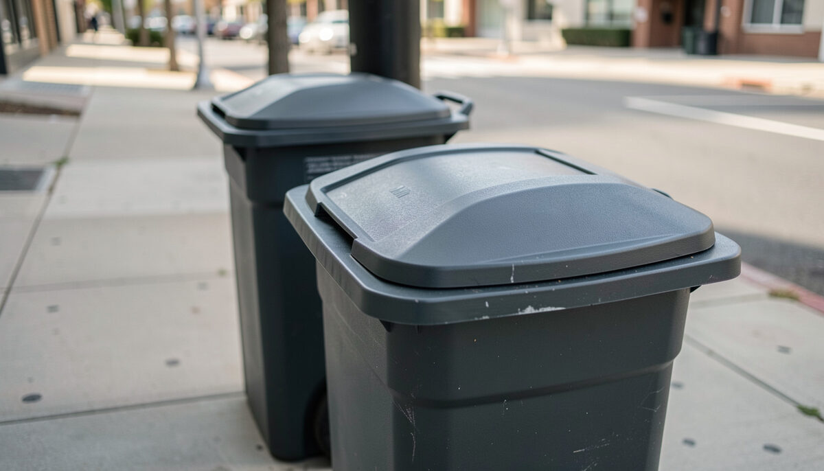 Illustration: A close view of sturdy lidded trash bins with tight lids standing on a concrete sidewalk in New York City, drawn for Curb and Container readers.