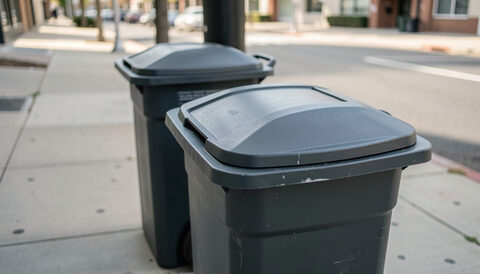 Illustration: A close view of sturdy lidded trash bins with tight lids standing on a concrete sidewalk in New York City, drawn for Curb and Container readers.