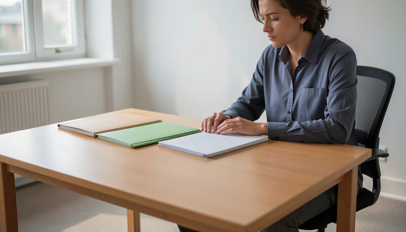 Illustration: A person sitting at a plain wooden desk with empty folders in a quiet office room in New York City, drawn for Curb and Container readers.