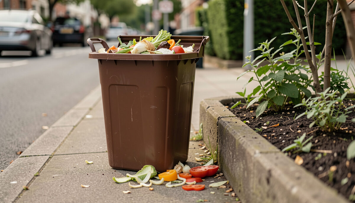 Illustration: A brown food-scrap bin with vegetable peels on a sidewalk next to a small garden bed in New York City, drawn for Curb and Container readers.