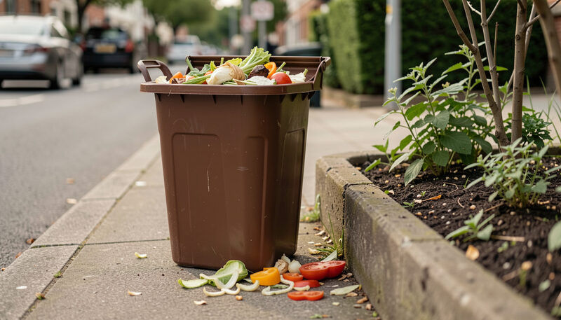 Illustration: A brown food-scrap bin with vegetable peels on a sidewalk next to a small garden bed in New York City, drawn for Curb and Container readers.