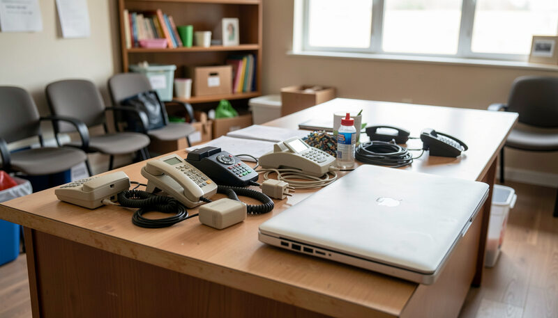 Illustration: A counter with old phones, chargers and a closed laptop arranged for sorting in a community collection room in New York City, drawn for Curb and Container readers.