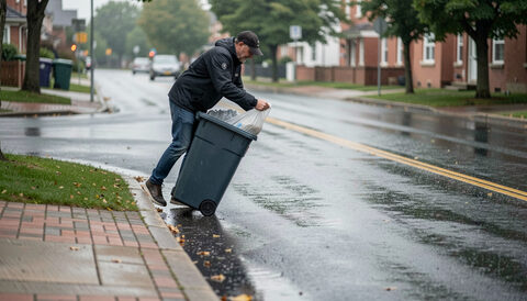 Illustration: A resident pulling a full bin back from the curb on a rainy street after a delayed pickup in New York City, drawn for Curb and Container readers.