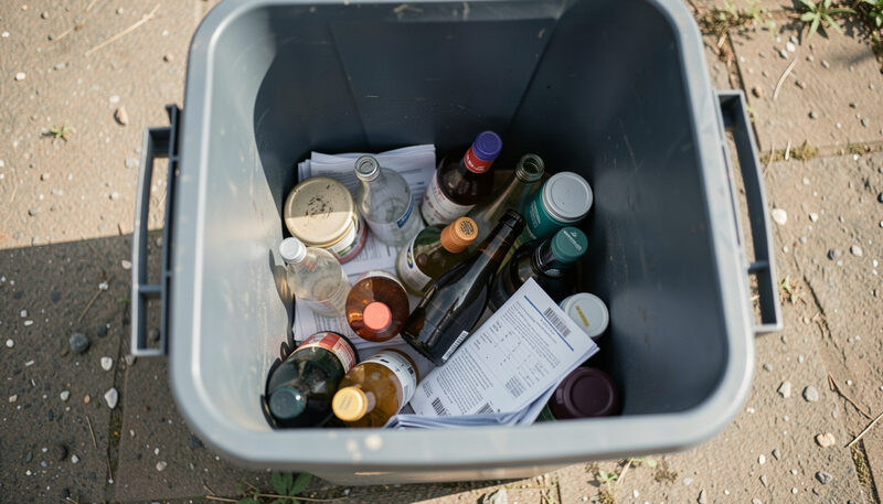 Illustration: An open recycling bin with loose bottles and paper viewed from above in daylight in New York City, drawn for Curb and Container readers.