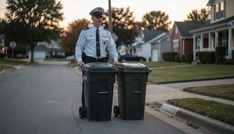 Illustration: A superintendent wheeling two lidded trash bins to the curb at dusk on a quiet residential block in New York City, drawn for Curb and Container readers.
