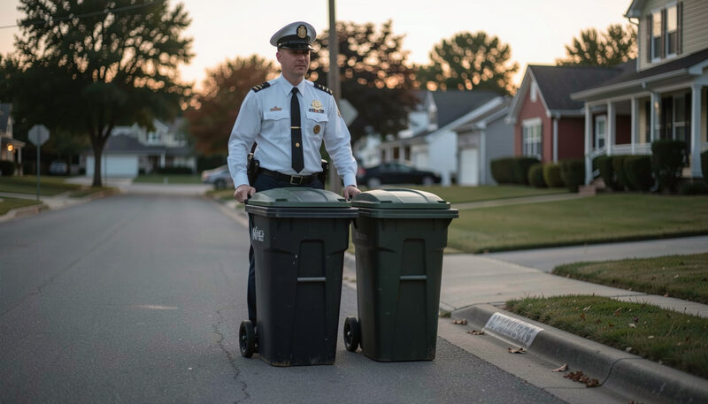 Illustration: A superintendent wheeling two lidded trash bins to the curb at dusk on a quiet residential block in New York City, drawn for Curb and Container readers.