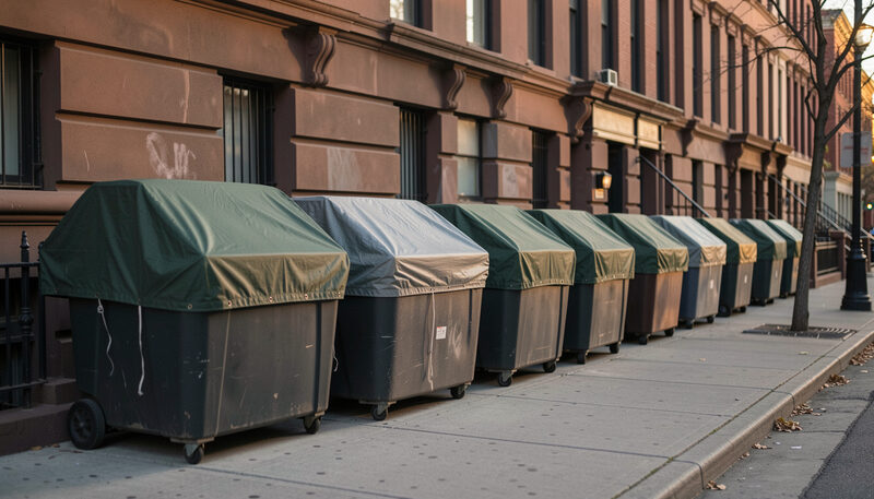 Illustration: A row of covered bins lined along a sidewalk at early evening with a brownstone facade behind them in New York City, drawn for Curb and Container readers.