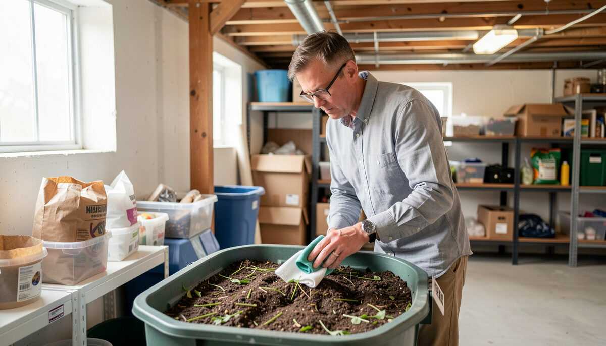 Illustration: A superintendent wiping a compost bin in a bright basement sorting area with paper liners nearby in New York City, drawn for Curb and Container readers.